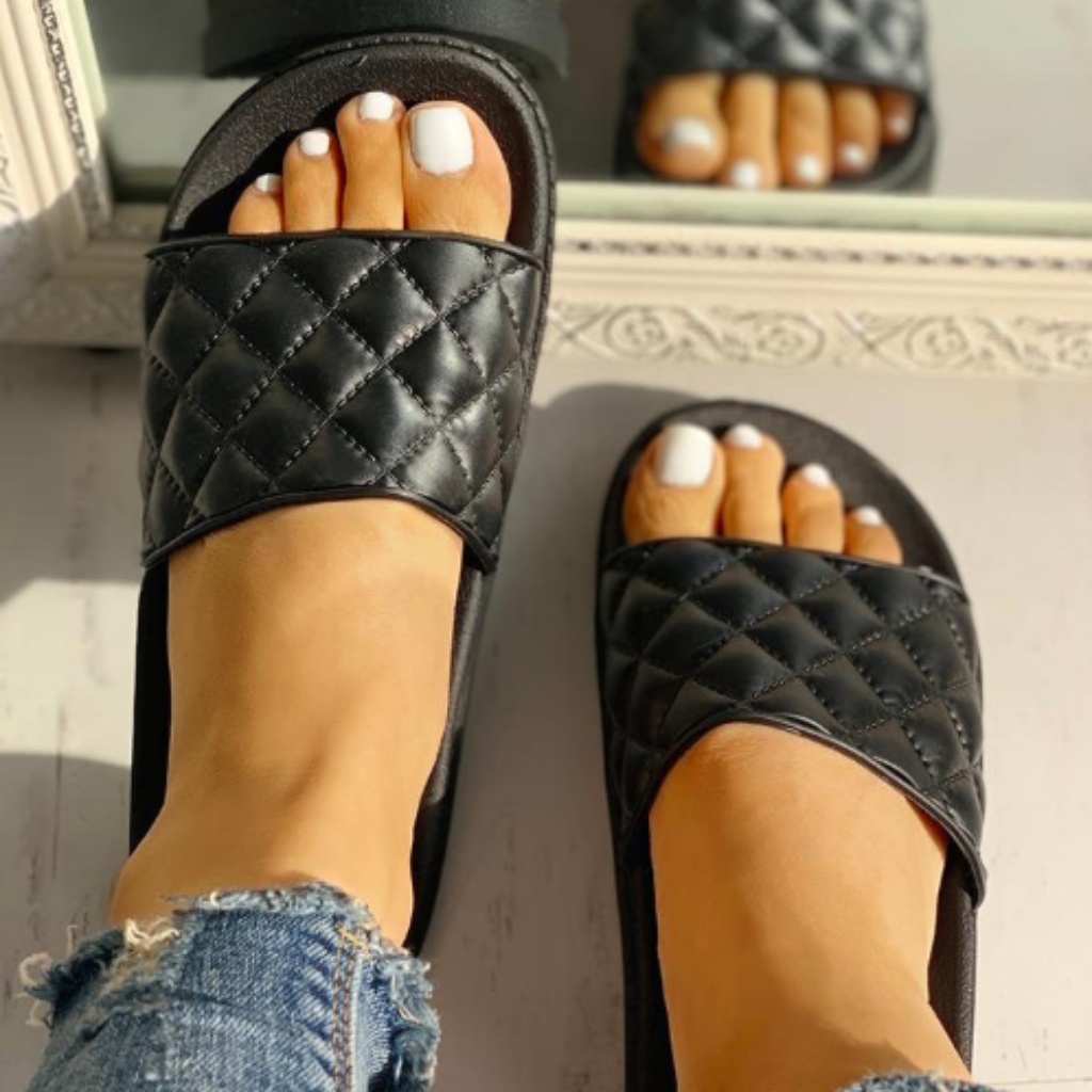 Black Quilted Slide Sandals